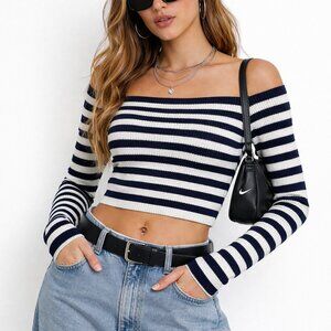 Women's M Ribbed Knit Navy Blue/White  long sleeve off the shoulder Crop-top
